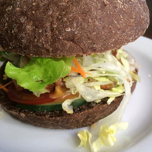 Vegan SFC burger on dark at Zenhouse Vegetarian Yum Cha  in Adelaide