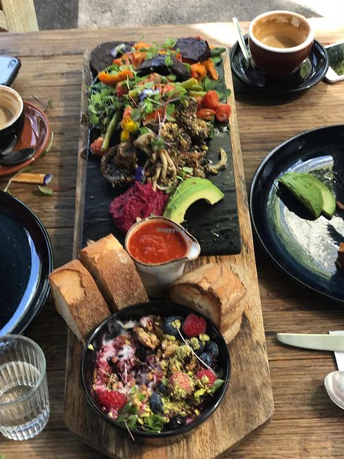 Vegan platter at Luigi's! 
Trio of mushrooms with a divine hazelnut crumble, beetroot hummus, roasted pumpkin, broccolini, cherry tomatoes and a granola with organic coconut yoghurt to top it all off!  at Luigi Delicatessen in Adelaide