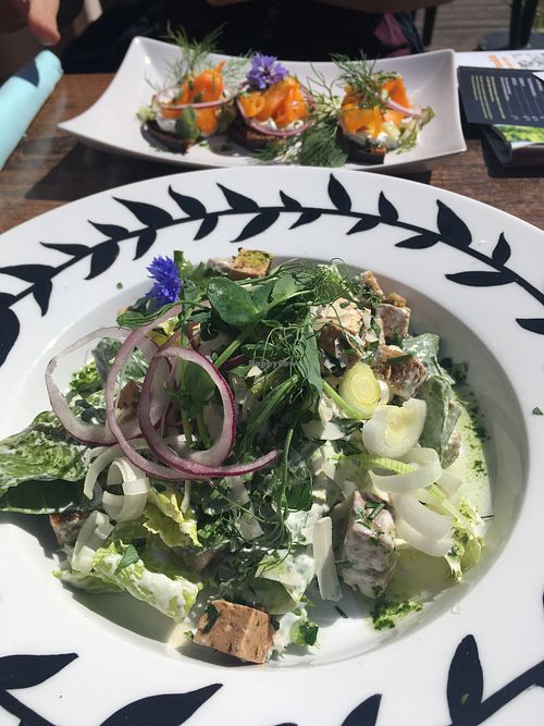 Caesar salad and porkkala (carrot lox) sandwiches.  at Bella Loviisa  in Loviisa