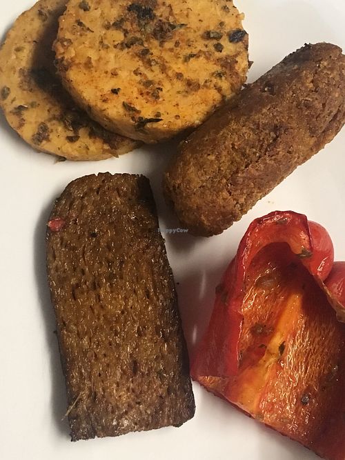 Grilled tempeh, chorizo, seitan, and bell pepper at Soja y Pimenton - Vegan Argentinian BBQ in Lanzarote