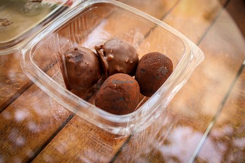 cherry rafaelo and hazelnut truffles at Fruit Box in Ohrid