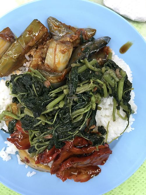 Economy rice: white rice with eggplant, mock meat and greens.  at Liew Chai Vegetarian in Kota Kinabalu