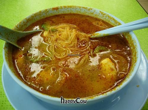 tom yam bihun sup! Spicy, lemongrass-y Malaysian soup with thin rice noodles! at Liew Chai Vegetarian in Kota Kinabalu