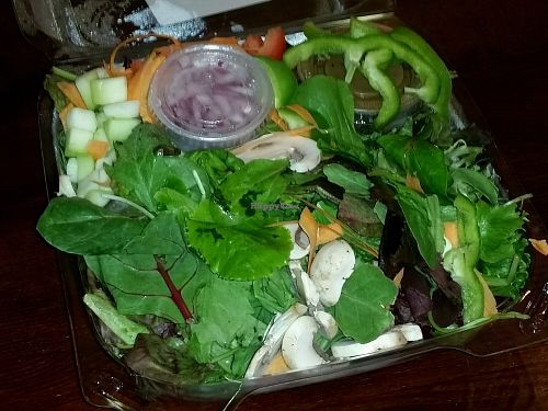 baby m salad = Baby mixed greens, mushrooms, green peppers, diced tomatoes, cucumber, onion with Grey Block’s own dairy free balsamic vinaigrette on side at Grey Block Pizza in Santa Monica