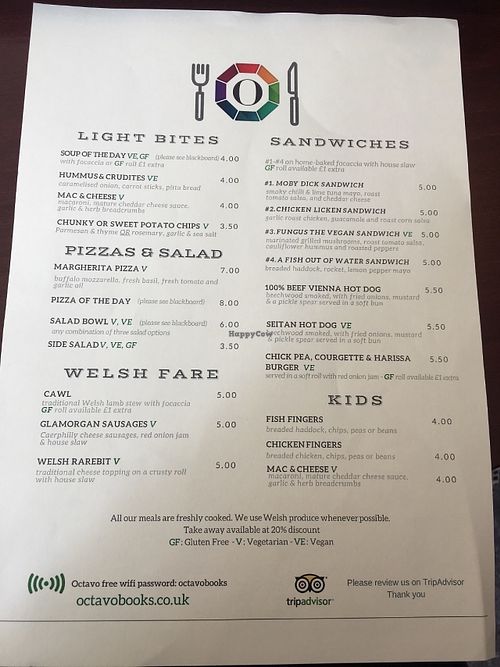 The menu  at Octavo's Book Cafe and Wine Bar in Cardiff