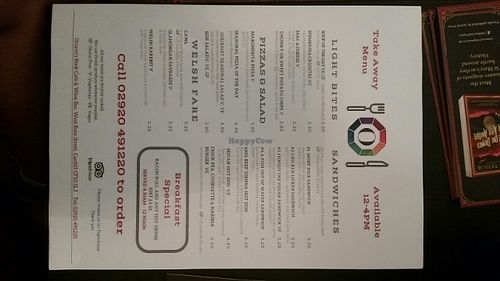 menu take away at Octavo's Book Cafe and Wine Bar in Cardiff