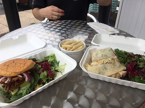 latke burger, Astro burrito and Mac n cheese! at Clean Roots in Telford