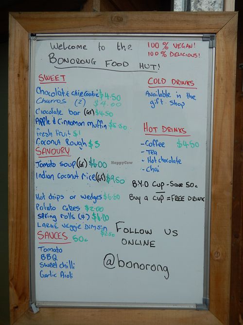 one of the daily menus at Bonorong Wildlife Sanctuary Kiosk and Shop in Brighton