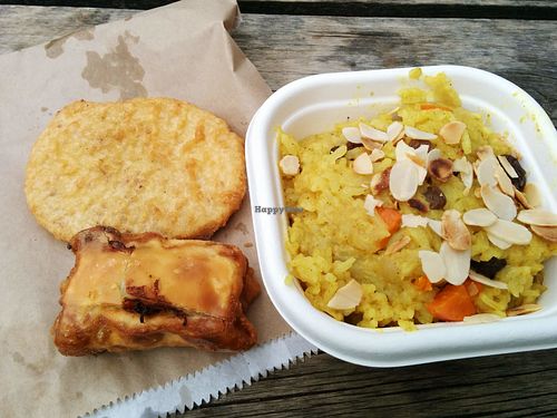 potato cake, dim sum roll and Indian coconut rice at Bonorong Wildlife Sanctuary Kiosk and Shop in Brighton
