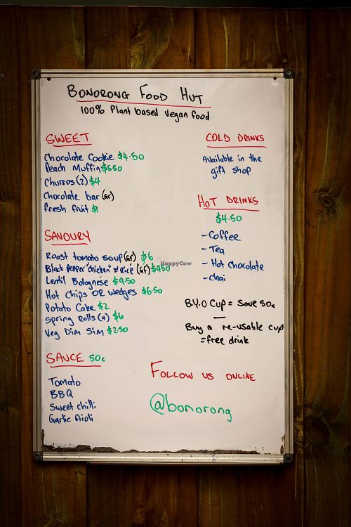 menu at Bonorong Wildlife Sanctuary Kiosk and Shop in Brighton