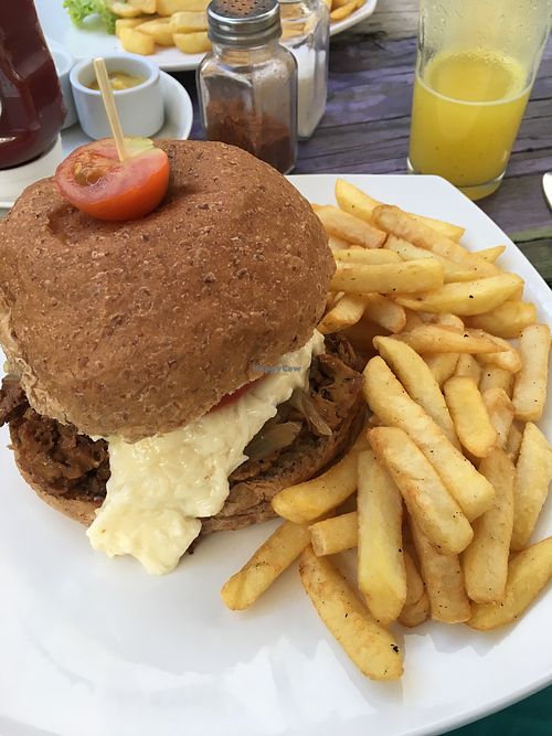 Safari burger with fries at Katako Veg in Santiago
