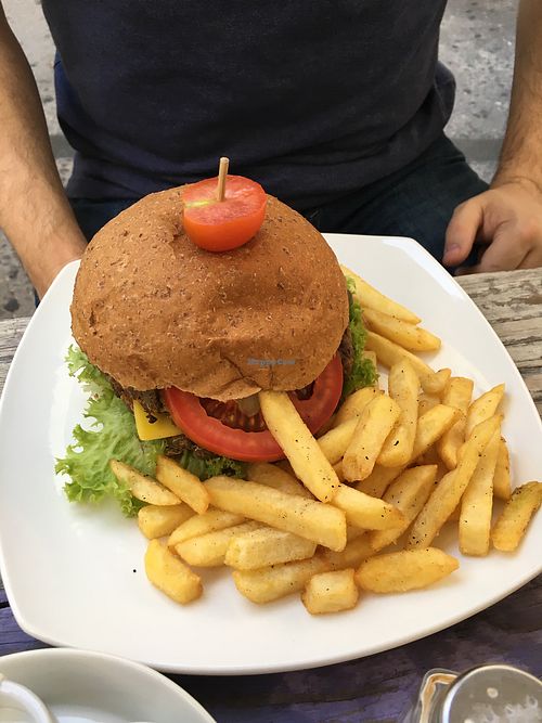 Upa Laia burger with fries at Katako Veg in Santiago