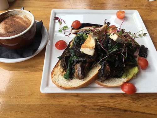 Gucc-a-vegan special. Mushrooms, spinach, avo and tofu on sourdough.  at Reflections Restaurant in Lake Tekapo