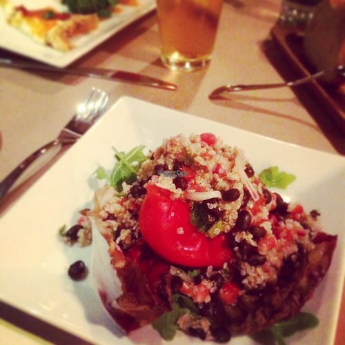 Bell pepper stuffed with quinoa and black beans at Thyme Restaurant in White River Junction