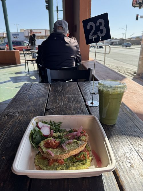 avo tartine & matcha  at Frontier Cafe in Yucca Valley