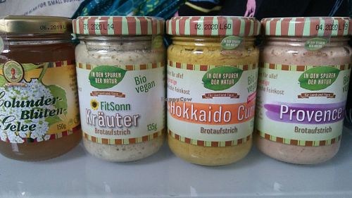 Some vegan dips and a vegan jelly. at Lebe Gesund in Heidelberg