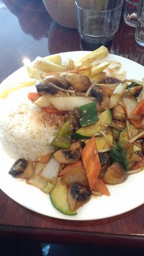 Stir-fry with rice/chips and vegetables, with a mushroom sauce. at Lotus in Kilkenny