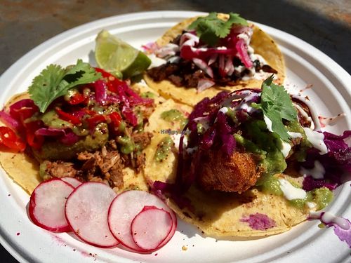 Vegan tacos: baja tofish, jackfruit pulled pork and carne asada seitan  at VFC by Club Mexicana in Newark