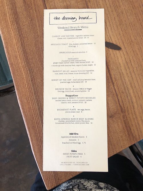 Brunch menu at The Drawing Board in Petaluma