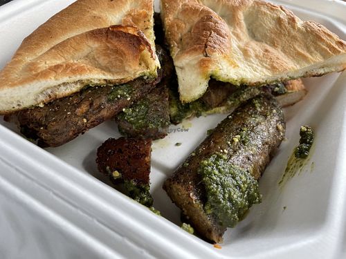 Delicious hot sausage pesto fried bread sandwich  at Three Girls Vegan Creamery - Boston in Guilford