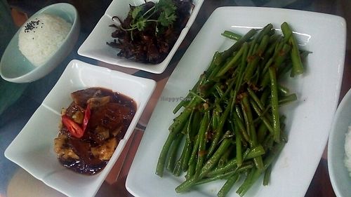 Spinach with soy cheese. Mushrooms. Mackerel with pineapple. at Ngo Quan Chay in Ho Chi Minh City