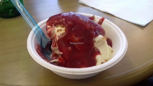 I had delicious vegan frozen yogurt, with strawberry sauce and hazelnut topping. (Terrible picture but great flavor.)

Ask for the vegan ice cream because it's not labeled or advertised anywhere. The owner is very friendly and will tell you which toppings are vegan. at Mo's Frozen Bio Yogurt in Salzburg