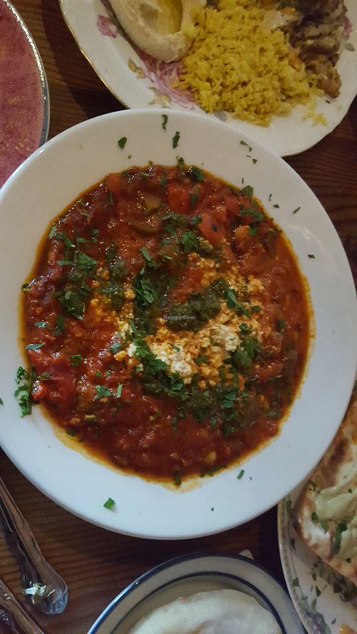 shakshuka tomato and chickpea stew with a fermented tofu "egg" at Aviv - Old Town in Portland