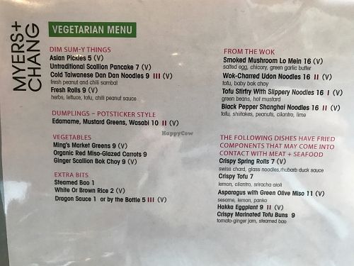 the vegetarian and Vegan (V) menu at Myers + Chang in Boston