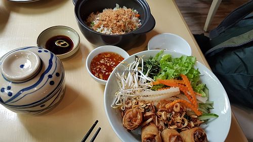 Vermicelli noodlea with spring riolls and fried rice with xhilli at Metta Vegetarian in Ho Chi Minh City
