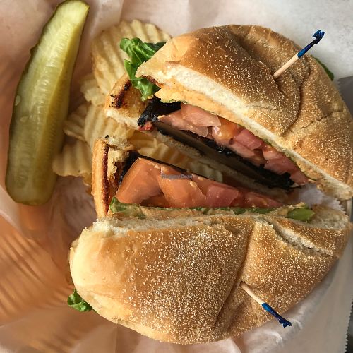 portobello sandwich with hummus rather than cheese at Blue Moon Cafe in Boothbay Harbor