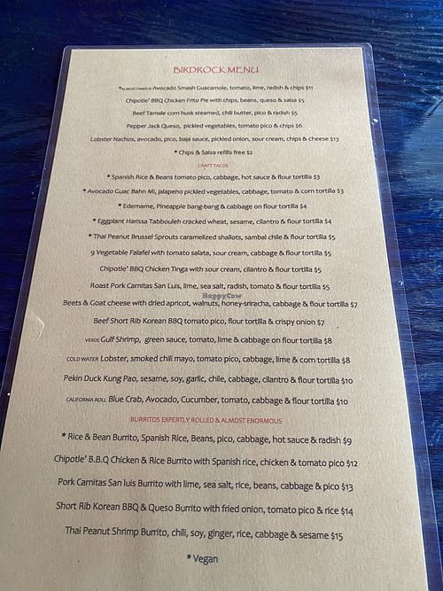 Menu at Birdrock Taco Shack in Bradenton
