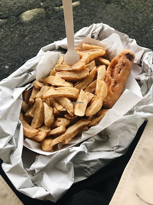 Chips and sausage at Walmer Fish & Chips in Deal