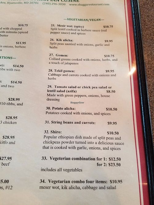 vegan menu at Shagga Coffee & Restaurant in Hyattsville