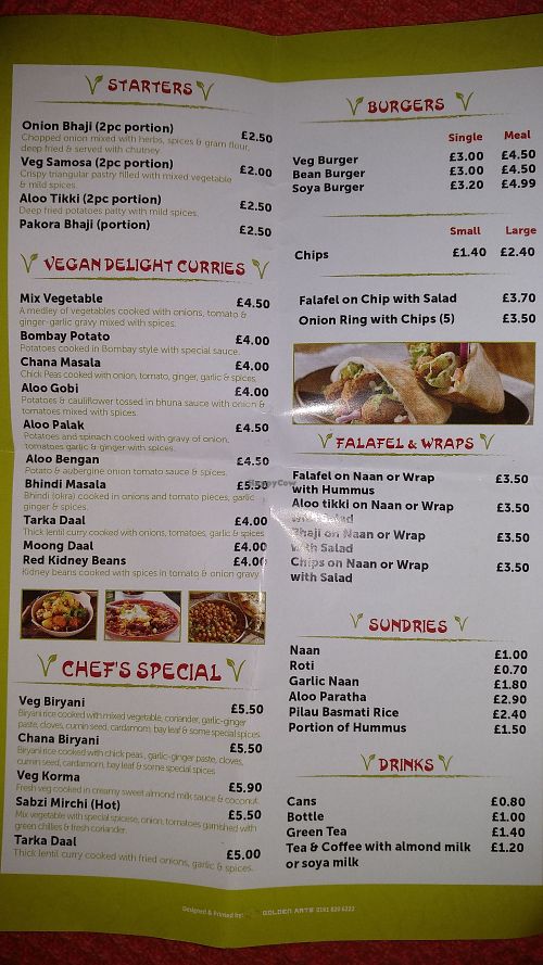 Menu at Little Aladdin in Manchester