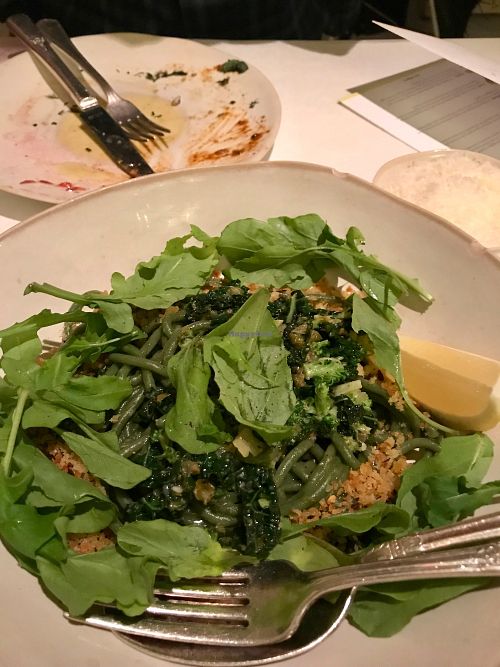 Spinach spaghetti - defiantly a Green dish - with broccoli, kale, and preserved lemon - would enjoy a bit of vegan cheese to balance it out. at abcV in New York City