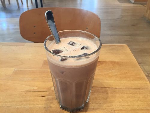Iced chocolate with oat milk at Madal Food in Budapest
