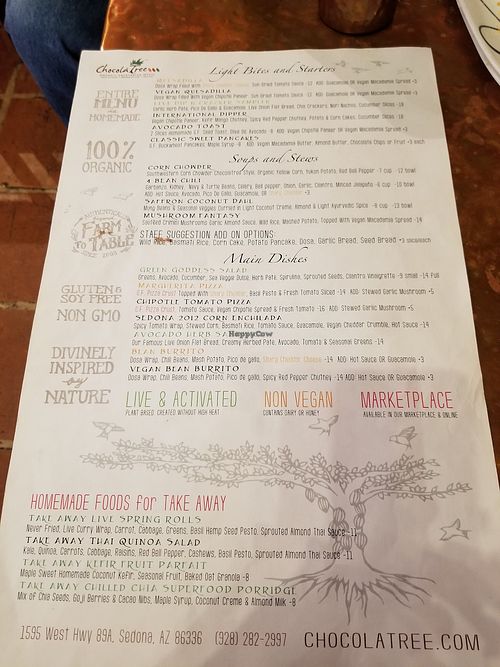 Menu at ChocolaTree Organic Oasis in Sedona