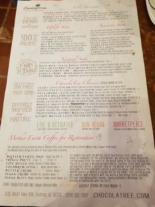 Menu at ChocolaTree Organic Oasis in Sedona