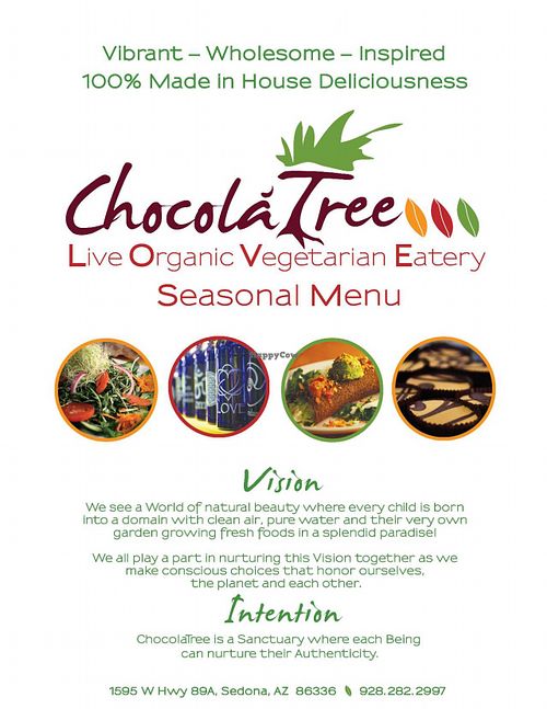 Current menu front cover  at ChocolaTree Organic Oasis in Sedona