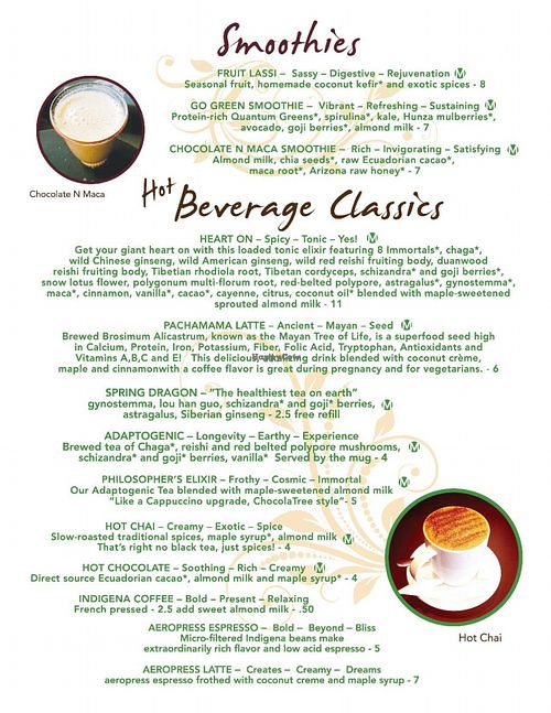 Current menu: smoothies & hot beverages at ChocolaTree Organic Oasis in Sedona