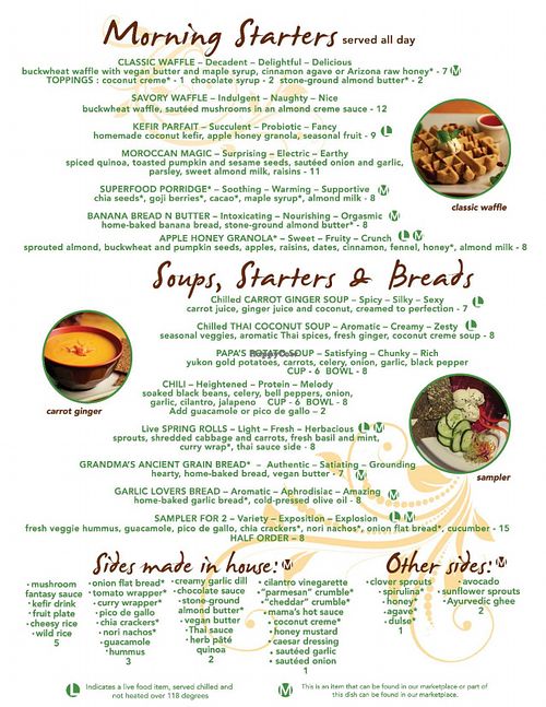 Current menu: breakfast, soups, starters, sides...  at ChocolaTree Organic Oasis in Sedona