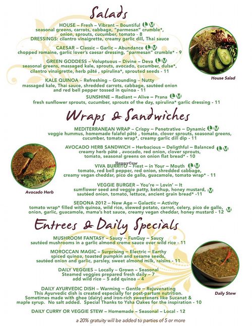 Current menu: Salads, wraps, sandwiches, entrees, daily specials at ChocolaTree Organic Oasis in Sedona