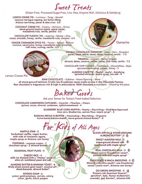 Current menu: Sweet treats, baked goods, kids' menu at ChocolaTree Organic Oasis in Sedona