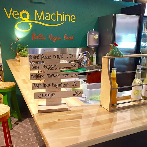Seating stools and menu at Veg Machine in Tallinn