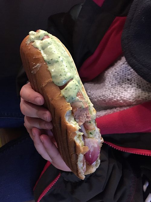 hot dog with delicious dill mustard sauce.  at Veg Machine in Tallinn