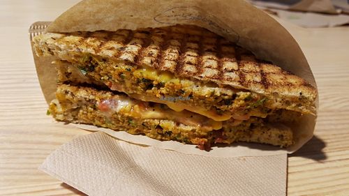 Hot sandwich (tofu patty and cheese) at Veg Machine in Tallinn