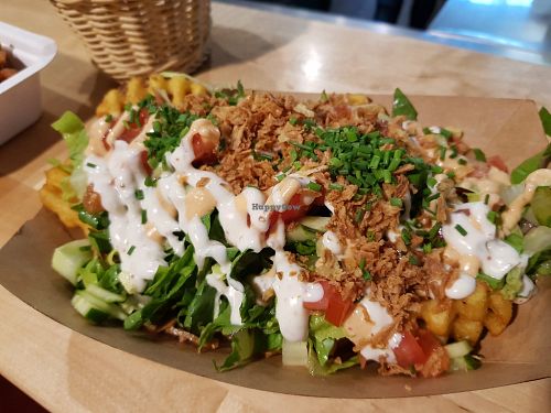 Seitan + waffle potatoes with salad and mayo, so good! at Veg Machine in Tallinn