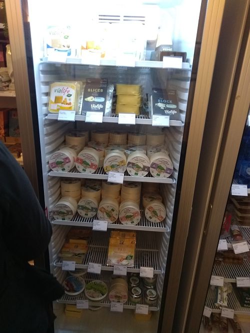 Vegan cheezes fridge at Tree House in Nantes