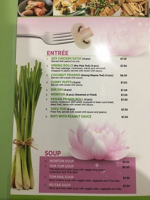 Menu entrees at The Sun Thai Restaurant in Sunshine Coast