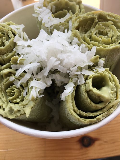Green tea vegan ice cream rolls at Frozen Sweet in New York City